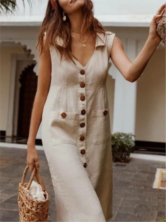 Dresses For Women Sleeveless Solid Color Buttons Fashion Vintage Loose Dress Vestidos Feminino 2025 Summer Elegant Office