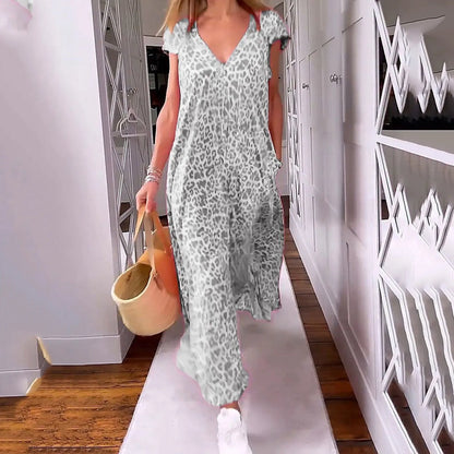 Boho Floral V Neck Short Sleeve Flowy Swing A Line Long Women's Boho Dress