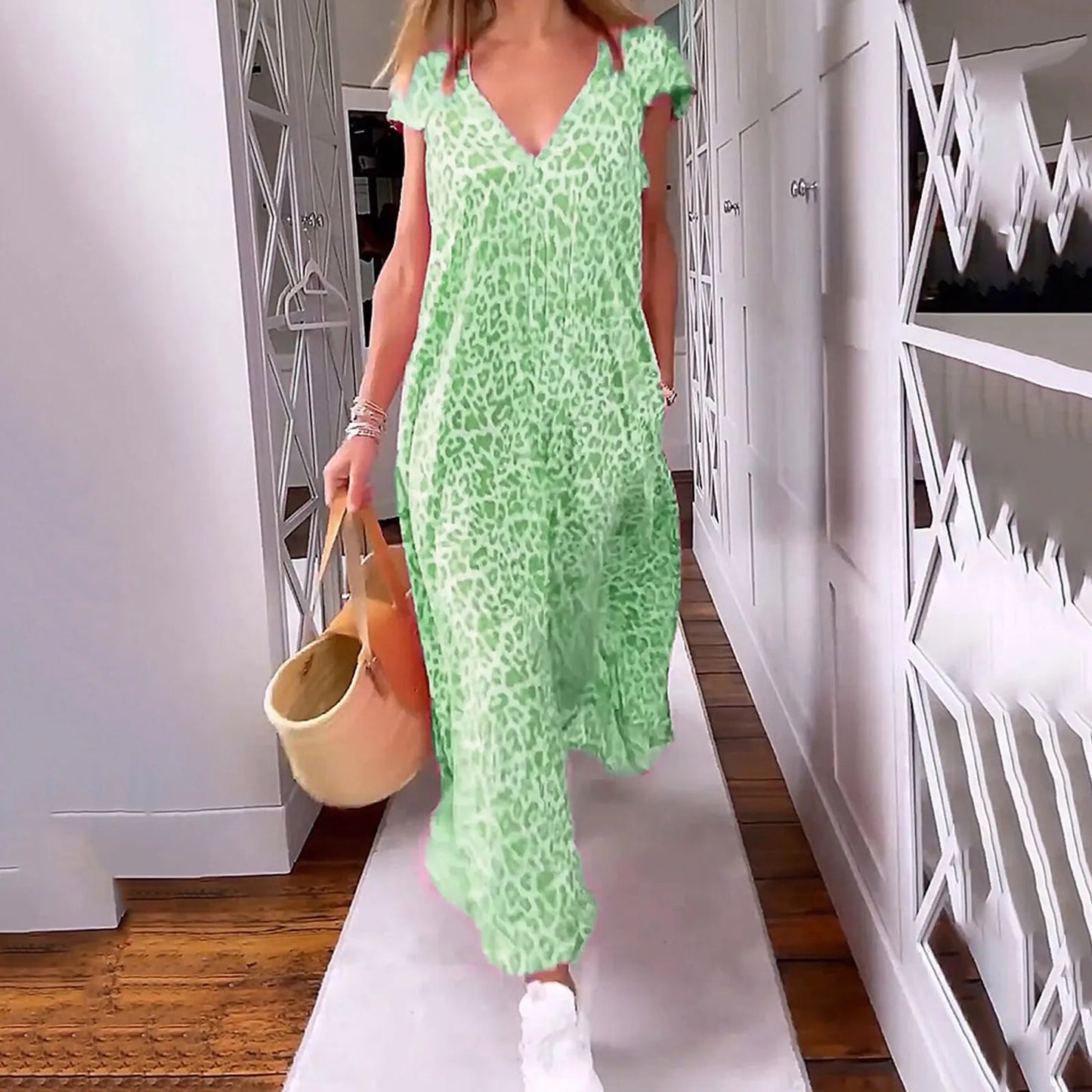 Boho Floral V Neck Short Sleeve Flowy Swing A Line Long Women's Boho Dress