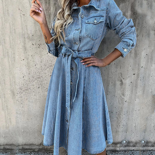 On Offer Liquidation 2025 Fashion Summer Sleeve Slim Denim Retro American Casual Ropa De Mujer Midi Dress