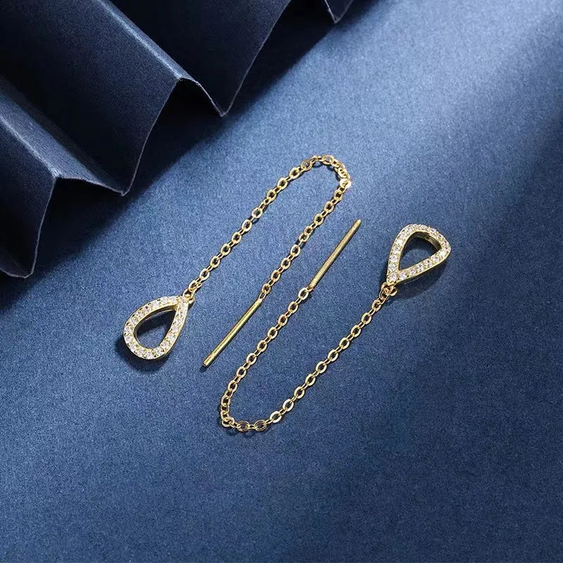 Ear Line Long Hanging Women Rose Gold Zircon Crystal Piercing Threader Earring