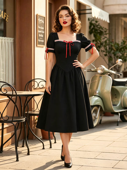 Vintage Dress Women's Puff Sleeve Midi Dress Square Neck Tie Front Fit And Flare Vintage Dress