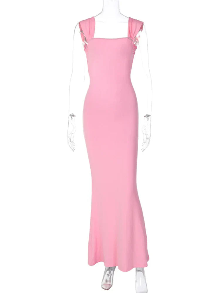 Lace Up Backless Pink Party Birthday Evening Long Dress For Women Maxi Dress