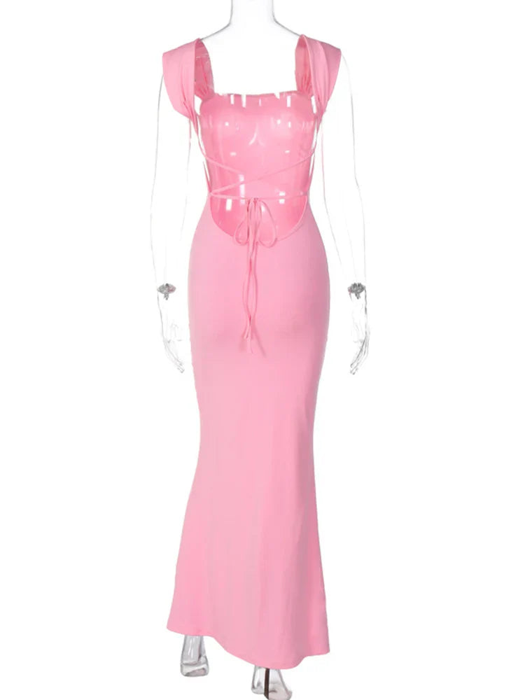 Lace Up Backless Pink Party Birthday Evening Long Dress For Women Maxi Dress