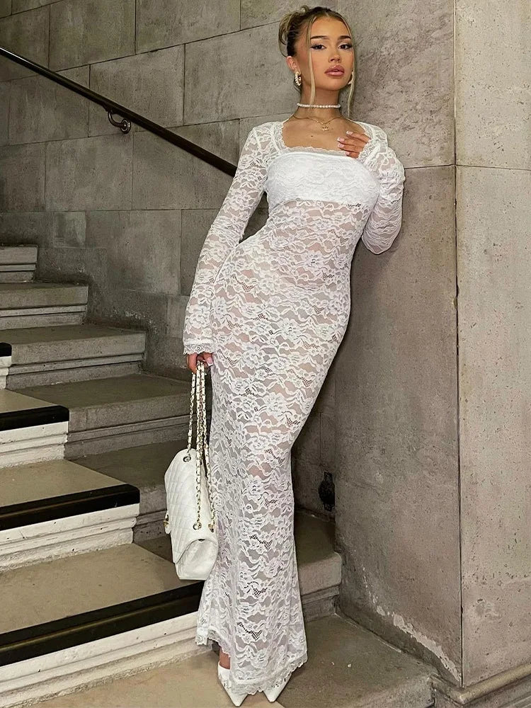 Sleeve See Through Black Sheer Midi Party Club Streetwear Y2K Maxi Dress Women