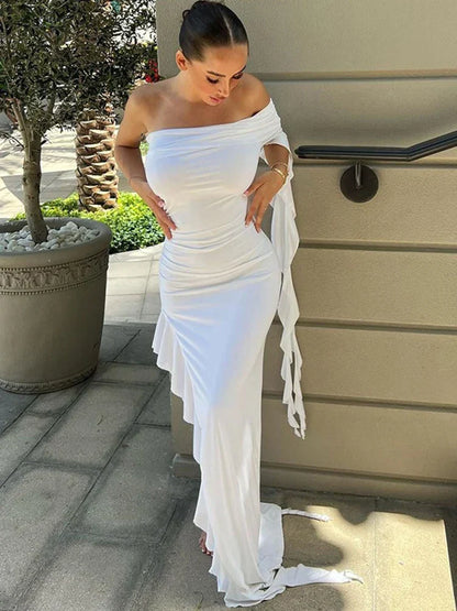 One Shoulder Ruffle Party Evening Birthday Elegant Outfits 2025 Summer Maxi Dress