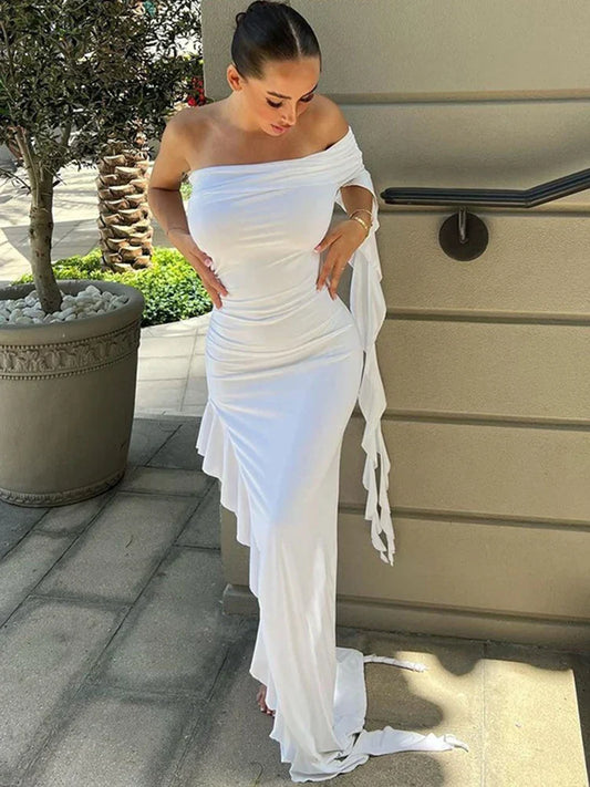 One Shoulder Ruffle Party Evening Birthday Elegant Outfits 2025 Summer Maxi Dress