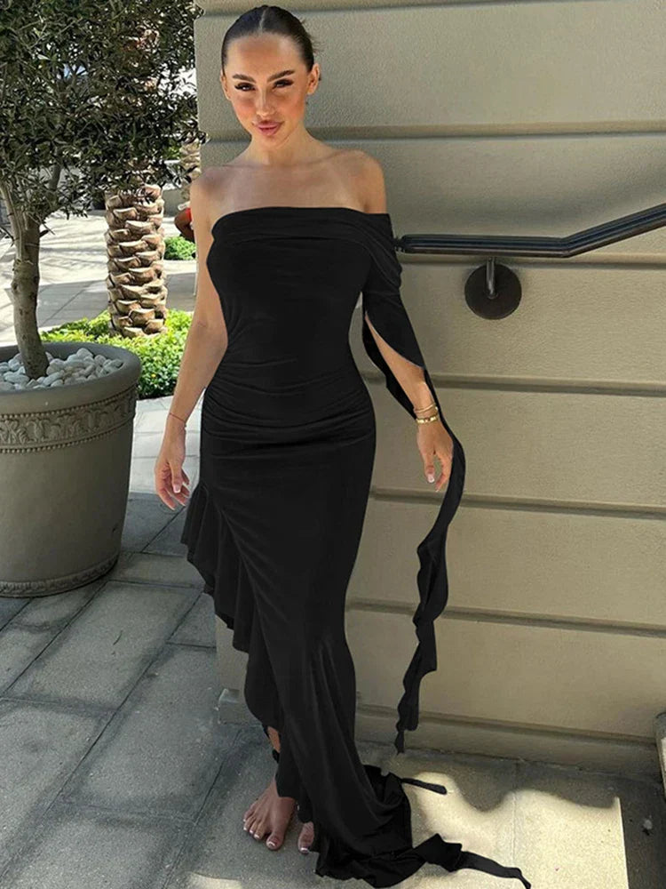 One Shoulder Ruffle Party Evening Birthday Elegant Outfits 2025 Summer Maxi Dress