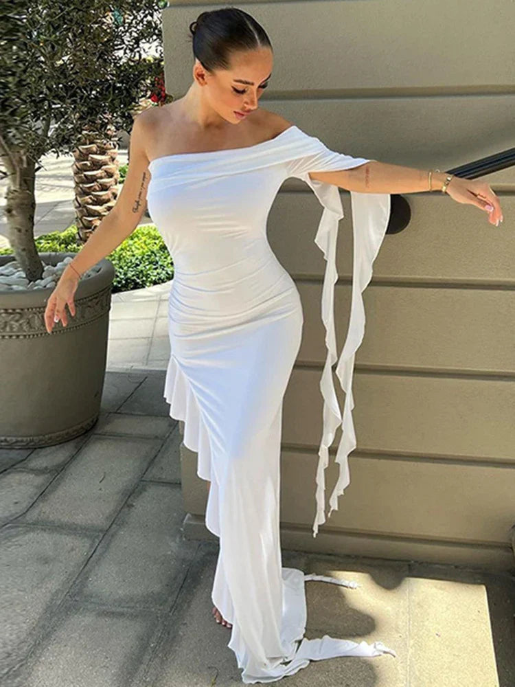 One Shoulder Ruffle Party Evening Birthday Elegant Outfits 2025 Summer Maxi Dress