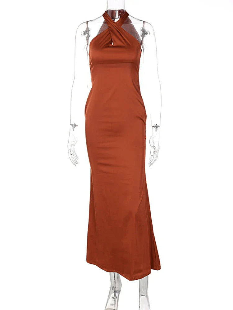Sleeveless Cross Halter Backless Bodycon Sexy Elegant Party Club Evening Summer Maxi Dress Women