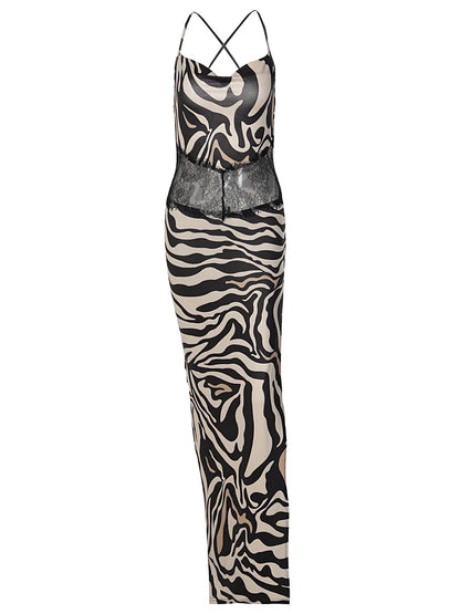 Zebra Print Side Slit Patchwork Backless Sexy Party Club 2025 Summer Maxi Dress Women