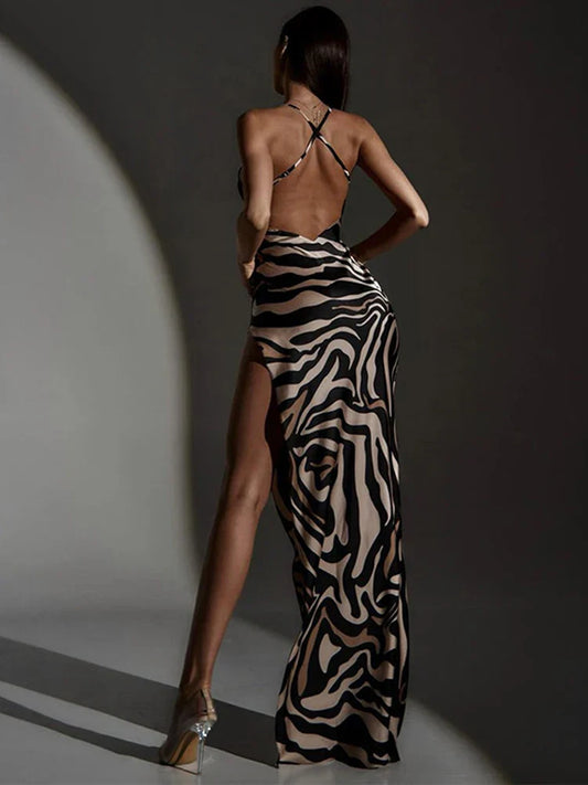 Zebra Print Side Slit Patchwork Backless Sexy Party Club 2025 Summer Maxi Dress Women