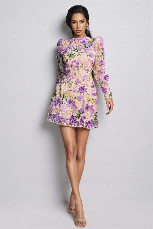 Taina Purple Flower Embroidered Mini Dress