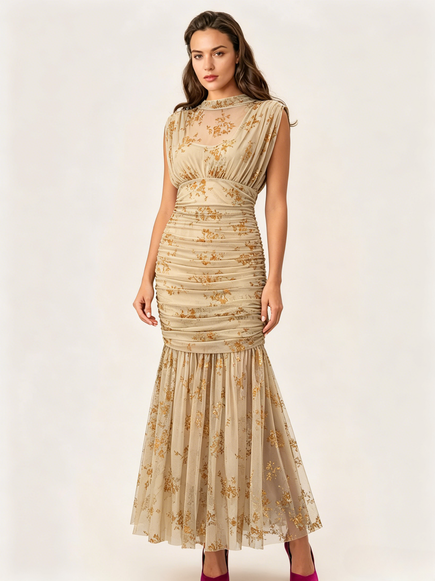 Party Dress Maxi Light Apricot Stand Collar Pleated Short Sleeves Printed Dress