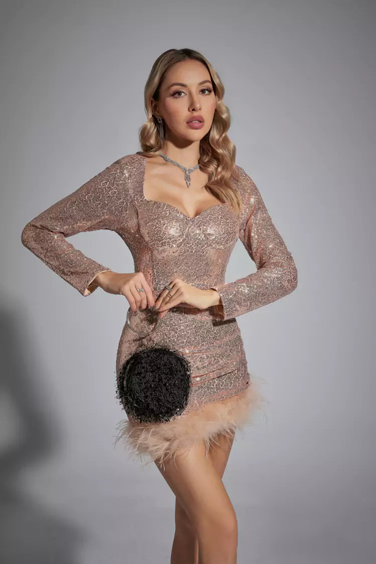 Oakley Champagne Feather Sequin Mini Dress