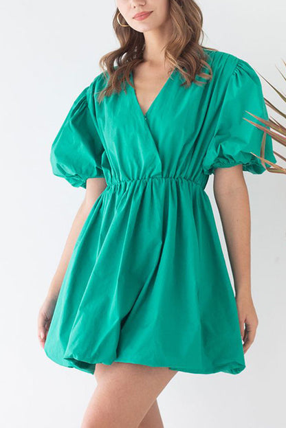 Solid Color Sexy V-neck Lantern Sleeve Waist Mini Dress