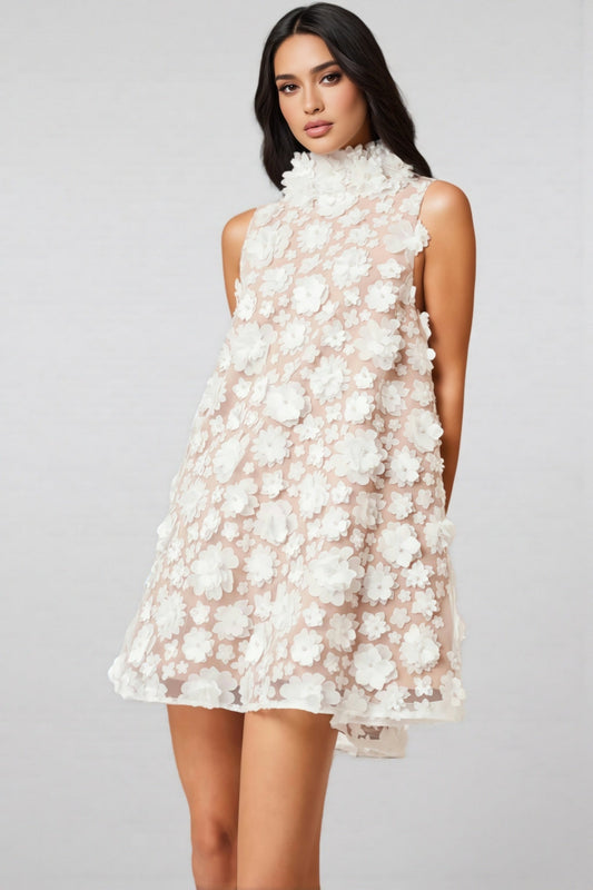 Maline White High Neck Trapeze Mini Dress