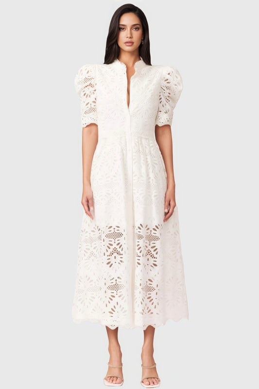 Evian White Bubble Sleeve Midi Dress