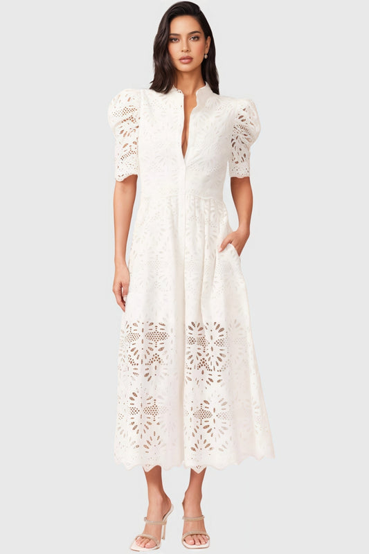 Evian White Bubble Sleeve Midi Dress