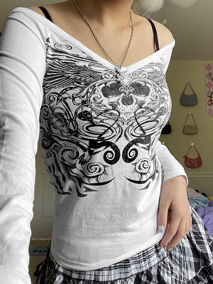 Rhinestone Detail Printed White Long Sleeve Top