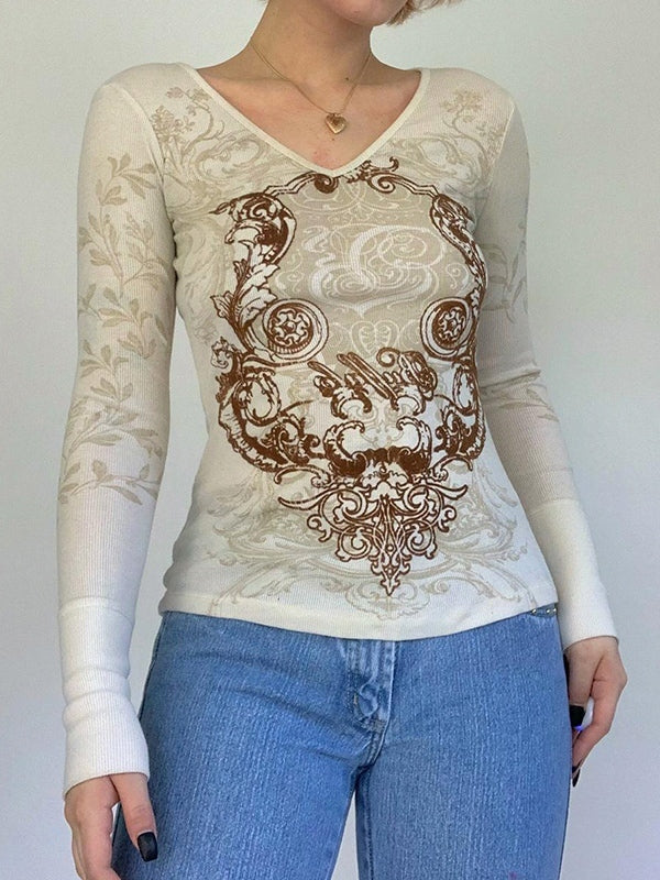 Vintage Printed V Neck Long Sleeve Top