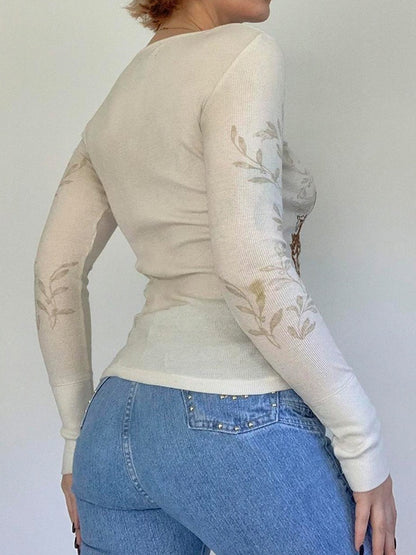 Vintage Printed V Neck Long Sleeve Top