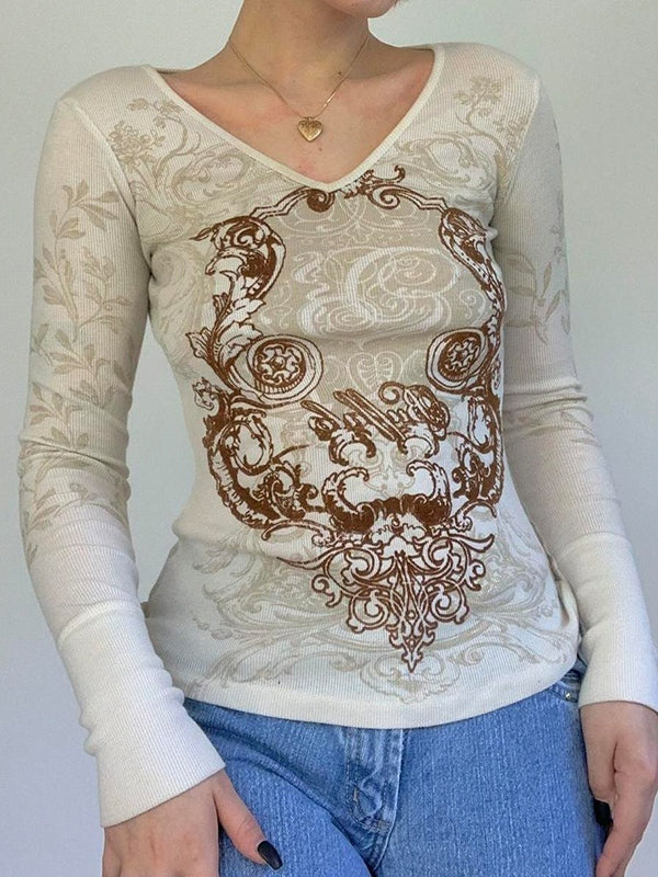 Vintage Printed V Neck Long Sleeve Top