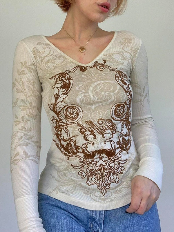 Vintage Printed V Neck Long Sleeve Top