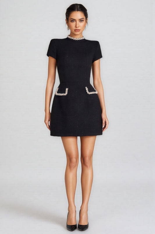 Fifer Black Beaded Chambray Mini Dress