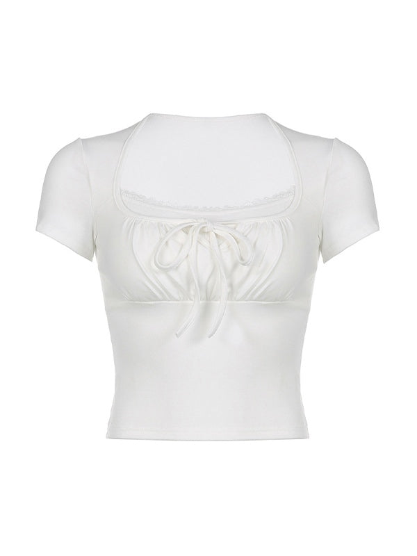 Tie Front Patchwork White Crop Top
