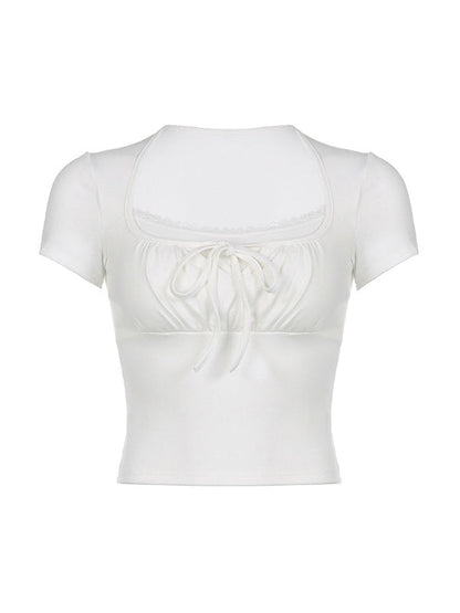 Tie Front Patchwork White Crop Top