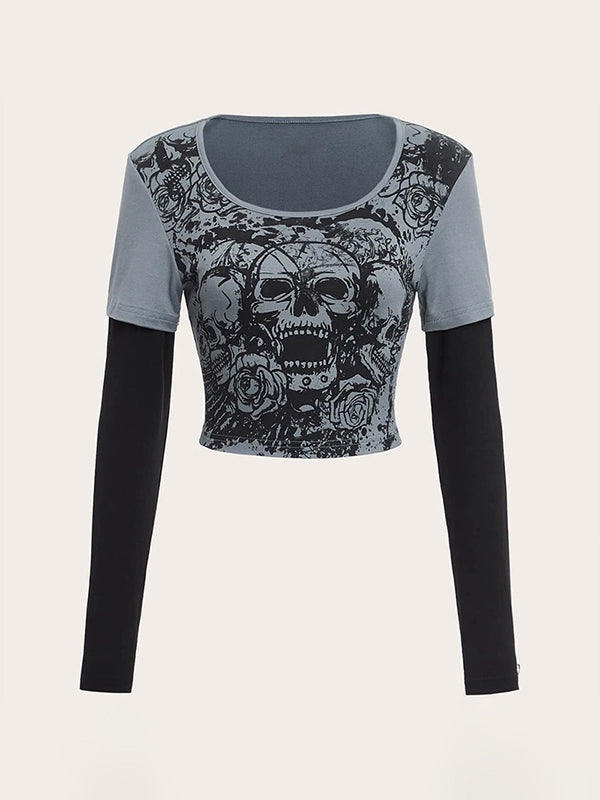 Skull Print Fake Two Piece Long Sleeve Tee