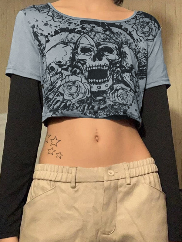 Skull Print Fake Two Piece Long Sleeve Tee