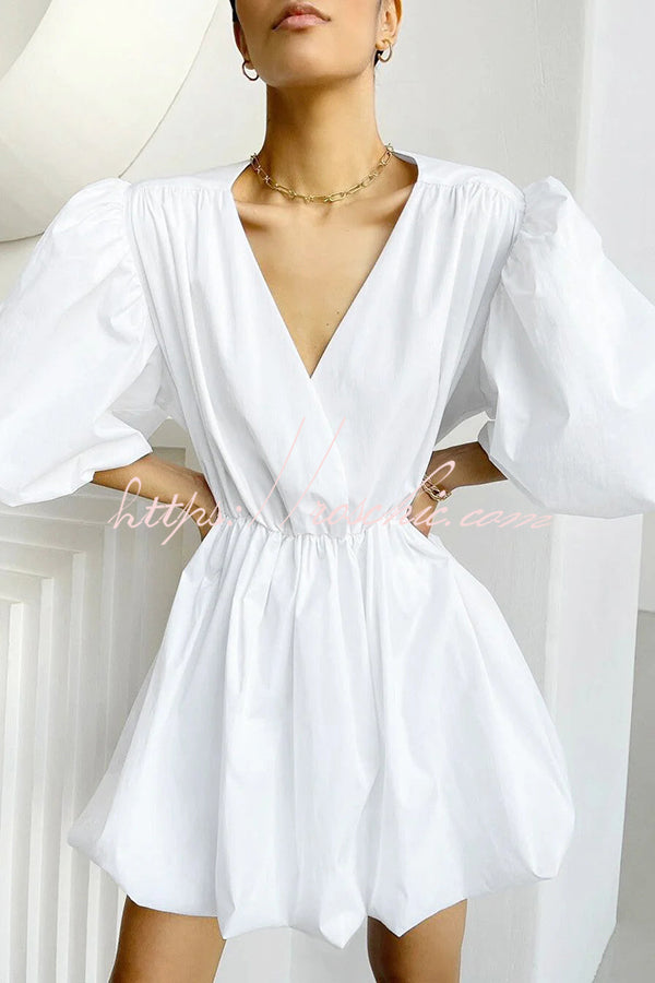 Solid Color Sexy V-neck Lantern Sleeve Waist Mini Dress