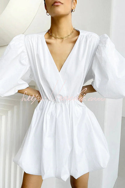 Solid Color Sexy V-neck Lantern Sleeve Waist Mini Dress