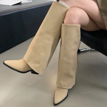 Spring Autumn Pointed Toe Designer Vintage Square Low Heels Knee High Boots