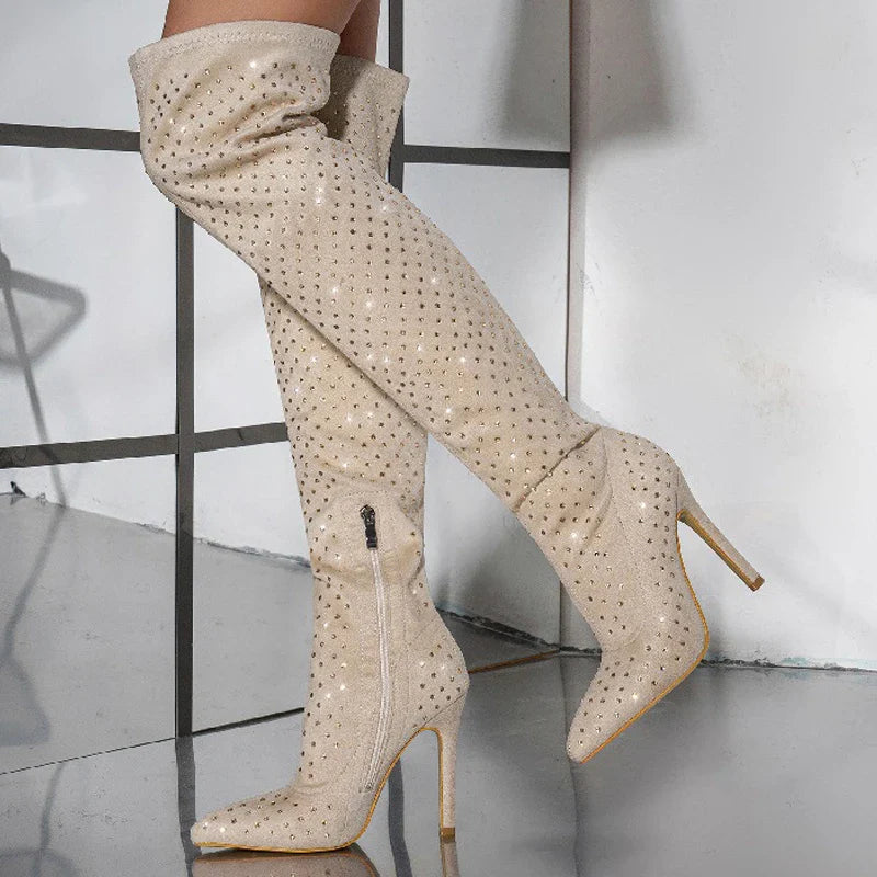 Street Style Fashion Pointed Toe Stiletto Side Zipper Crystal Heels Knee High Boots