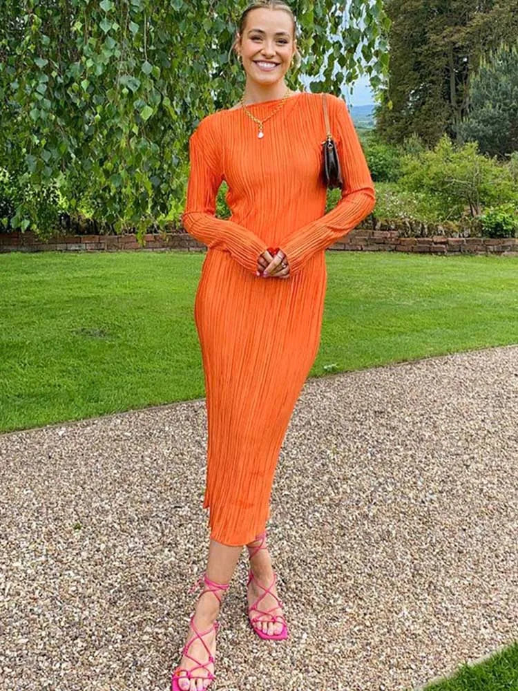 Flare Sleeve O-neck Bodycon Midi Dress