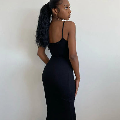 Sleeveless Backless Black Party Midi Dress