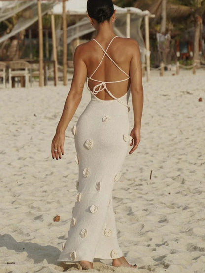 Knitted Beach 3D Floral Slim Strap Sexy Backless Fashion Party White Long Summer Evening Maxi Dress