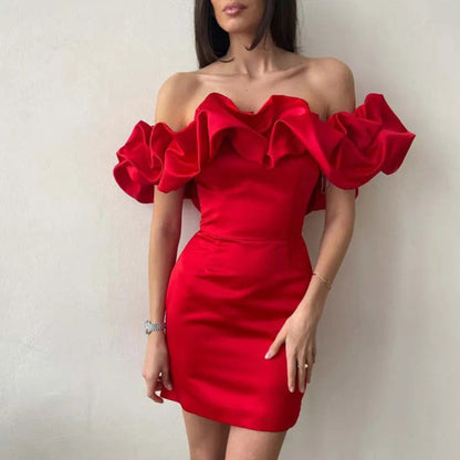 Elegante vestido de cóctel para mujer con volante y hombros descubiertos | Ideal para primavera/verano