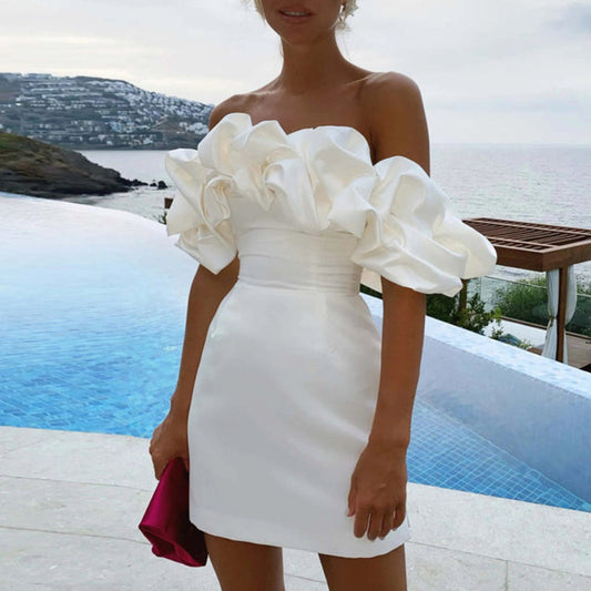 Elegante vestido de cóctel para mujer con volante y hombros descubiertos | Ideal para primavera/verano