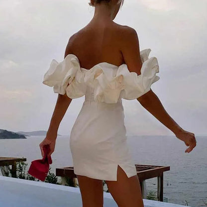 Elegante vestido de cóctel para mujer con volante y hombros descubiertos | Ideal para primavera/verano