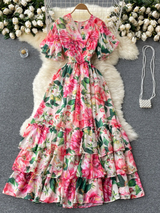 Elegant Party Dress Women Chiffon Printed Floral Long Dresses Ladies Short Sleeve Sexy V-neck Beach Maxi Dress Vestidos