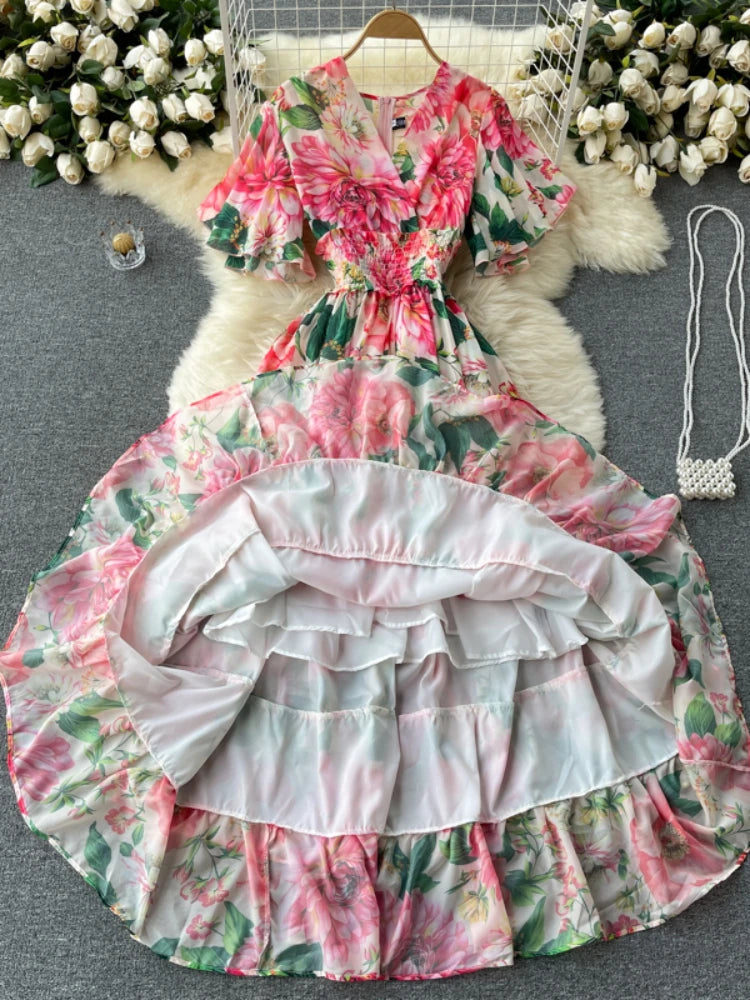 Elegant Party Dress Women Chiffon Printed Floral Long Dresses Ladies Short Sleeve Sexy V-neck Beach Maxi Dress Vestidos