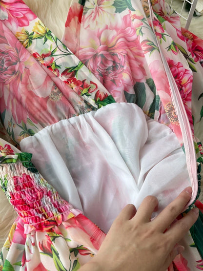 Elegant Party Dress Women Chiffon Printed Floral Long Dresses Ladies Short Sleeve Sexy V-neck Beach Maxi Dress Vestidos