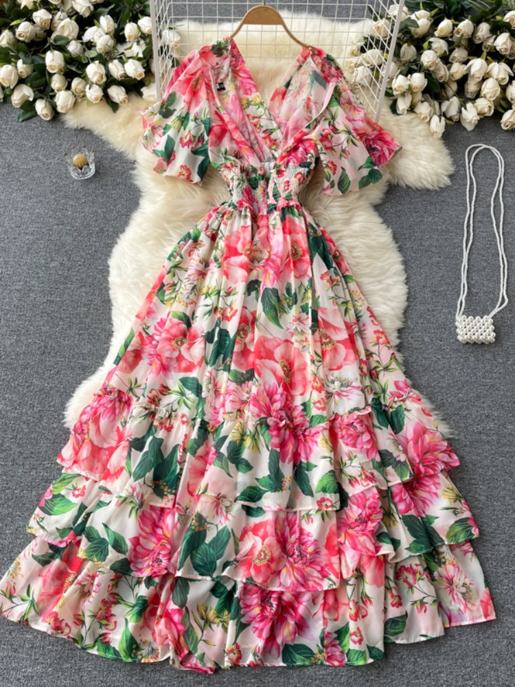 Elegant Party Dress Women Chiffon Printed Floral Long Dresses Ladies Short Sleeve Sexy V-neck Beach Maxi Dress Vestidos