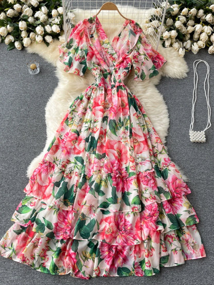 Elegant Party Dress Women Chiffon Printed Floral Long Dresses Ladies Short Sleeve Sexy V-neck Beach Maxi Dress Vestidos