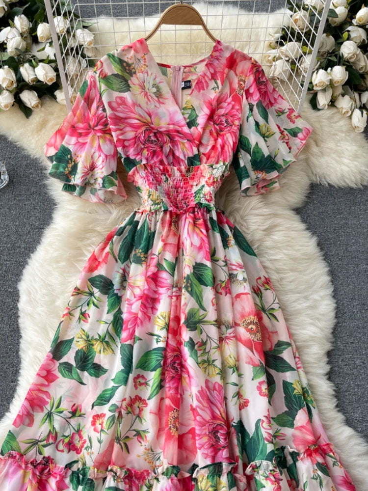 Elegant Party Dress Women Chiffon Printed Floral Long Dresses Ladies Short Sleeve Sexy V-neck Beach Maxi Dress Vestidos