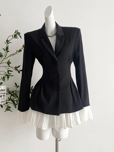 Elegant Patchwork Suit Dress Women Turn-down Collar Single Breasted Flare Sleeve Pleated Autumn Spring Korean Chic New Clothes